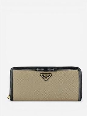 Prada Logo Jacquard Canvas Leather Zip-Around Wallet Beige Black | NWT